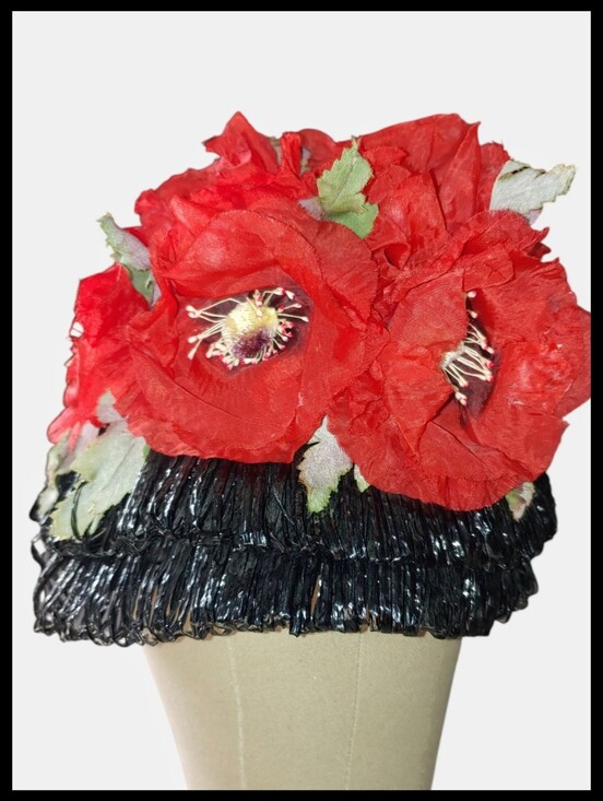 Accessories - Vintage Black Cloche Hat with Large Red Fabric Poppies Union Made
